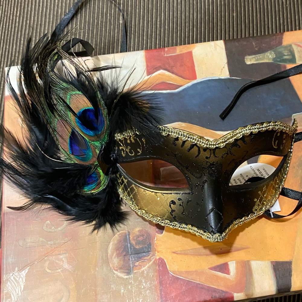 Feathered Peacock Glittered Gold Black Masquerade Mask
